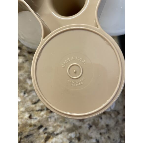 VTG Tupperware Condiment Caddy Server 757-3 Set 3 Bowls Lids & Spoons Almond - Picture 4 of 5